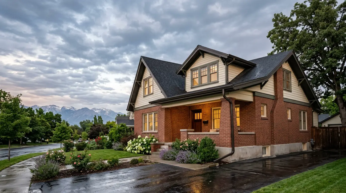 Salt Lake City craftsman home with new dark bronze seamless gutters and the Wasatch mountains behind