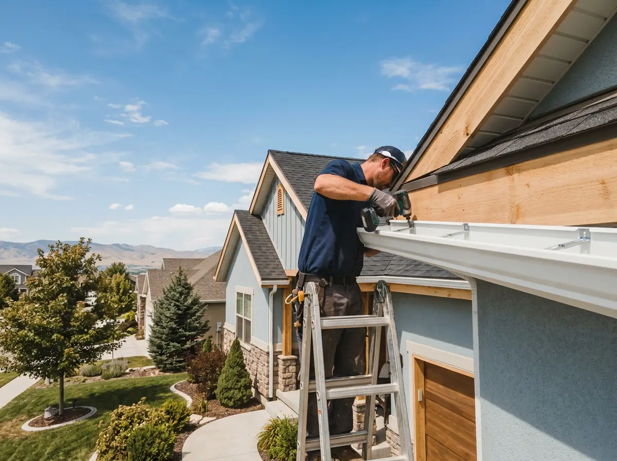Installer fastening a new white seamless gutter to fascia